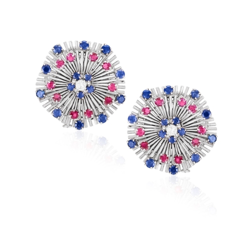 39 - A PAIR OF GEM-SET CLIP BROOCHES, FRENCH, CIRCA 1960  Each centring a brilliant-cut diamond within a ... 