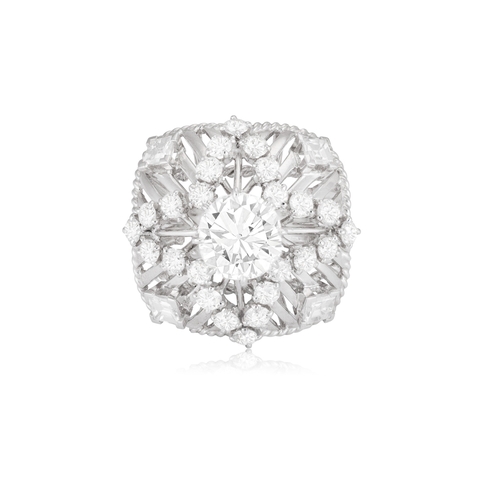 44 - A DIAMOND DRESS RING, FRENCH, CIRCA 1960  Of openwork domed design, the central old brilliant-cut di... 