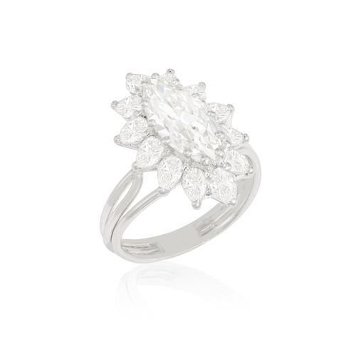 46 - A DIAMOND CLUSTER RING, CIRCA 1960  The marquise-cut diamond weighing approximately 1.50ct, within a... 