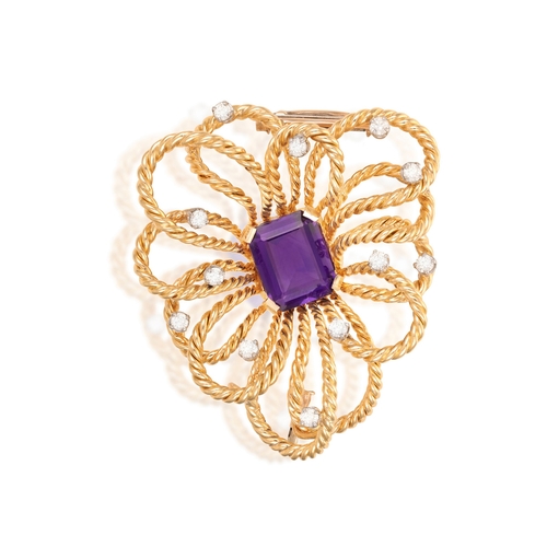 49 - AN AMETHYST AND DIAMOND PENDANT/BROOCH, BY BOUCHERON, CIRCA 1965  The stylised ropetwist bow centrin... 