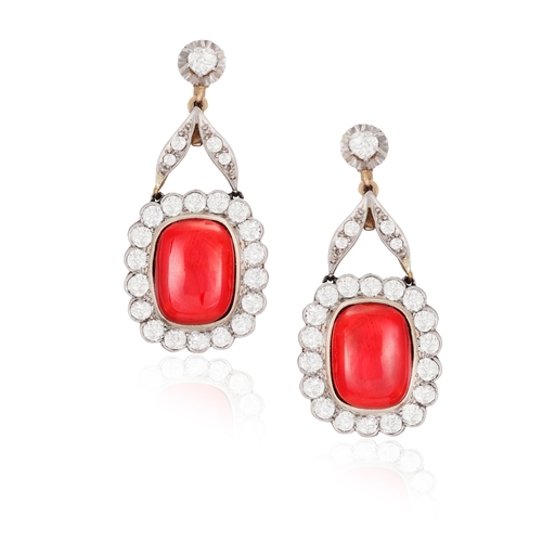 55 - A PAIR OF MID 20TH CENTURY CORAL AND DIAMOND EARRINGS  Each set with a cushion-shaped cabochon coral... 