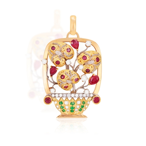 59 - A GEM-SET 'GIARDINETTO' PENDANT  Of openwork foliate design, set with pear and circular-cut rubies h... 