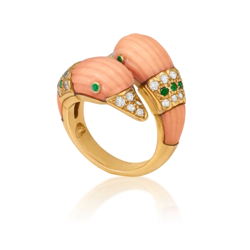 64 - A COLLECTIBLE CORAL, EMERALD AND DIAMOND RING, BY VAN CLEEF & ARPELS, CIRCA 1970  Of cross-over desi... 