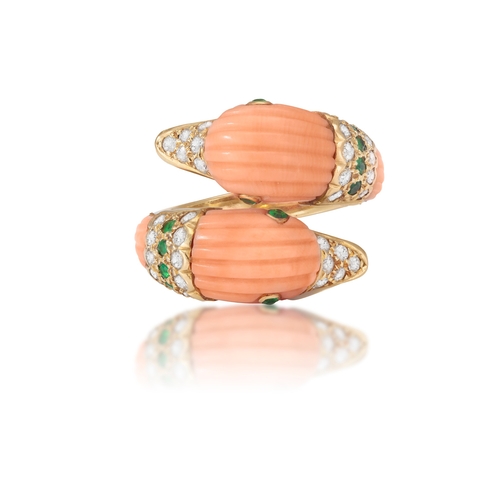 64 - A COLLECTIBLE CORAL, EMERALD AND DIAMOND RING, BY VAN CLEEF & ARPELS, CIRCA 1970  Of cross-over desi... 