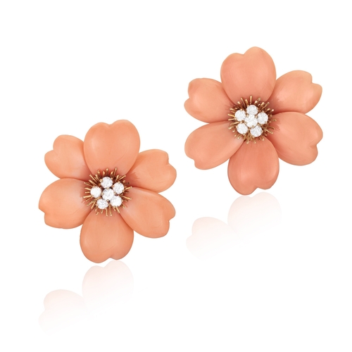 65 - A COLLECTIBLE PAIR OF CORAL AND DIAMOND 'ROSE DE NOËL' EARCLIPS, BY VAN CLEEF & ARPELS, CIRCA 1975  ... 