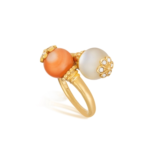 66 - A GEM SET AND DIAMOND DRESS RING, BY CHAUMET, CIRCA 1970  Of crossover design, set with a coral and ... 