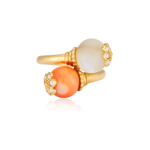 66 - A GEM SET AND DIAMOND DRESS RING, BY CHAUMET, CIRCA 1970  Of crossover design, set with a coral and ... 