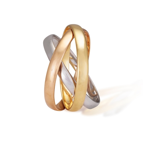 7 - A GOLD 'TRINITY' BANGLE, BY CARTIER  Composed of three interlocking polished 18K tri-coloured gold b... 