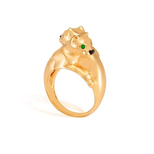 73 - A 'PANTHÈRE' RING, BY CARTIER  Designed as two bypassing panthers, each with onyx nose and circular-... 