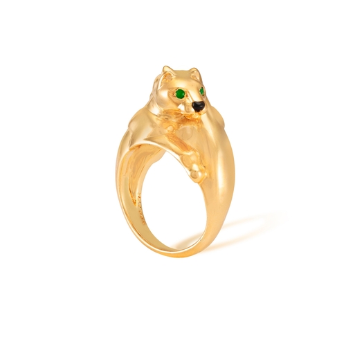 73 - A 'PANTHÈRE' RING, BY CARTIER  Designed as two bypassing panthers, each with onyx nose and circular-... 