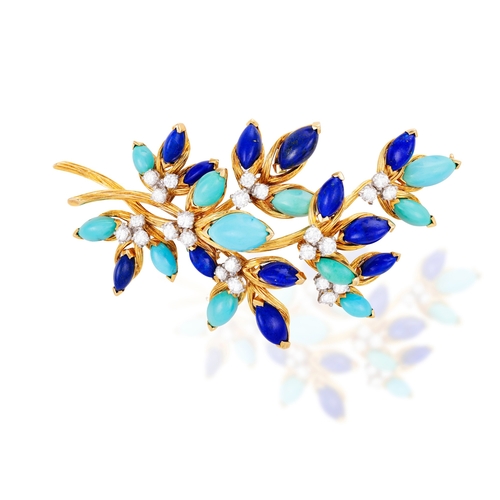 75 - A TURQUOISE, LAPIS LAZULI AND DIAMOND BROOCH, BY VAN CLEEF & ARPELS, CIRCA 1965  Of foliate design, ... 