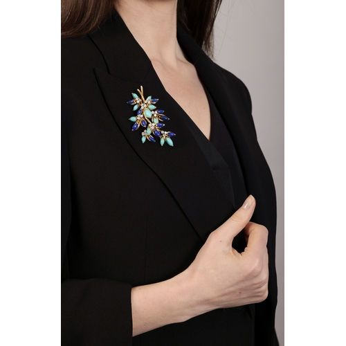 75 - A TURQUOISE, LAPIS LAZULI AND DIAMOND BROOCH, BY VAN CLEEF & ARPELS, CIRCA 1965  Of foliate design, ... 