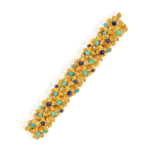 76 - A RARE TURQUOISE, LAPIS LAZULI AND DIAMOND BRACELET, BY FRED PARIS, CIRCA 1960  The highly articulat... 