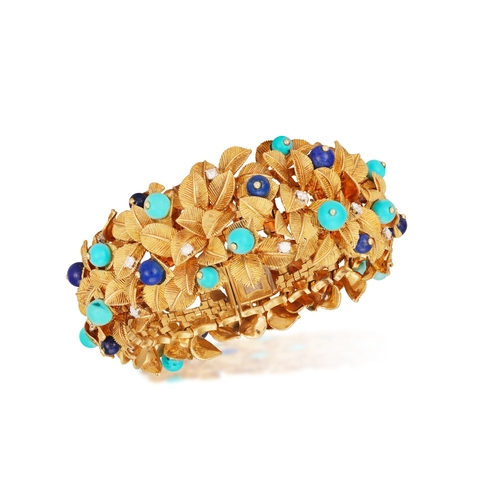 76 - A RARE TURQUOISE, LAPIS LAZULI AND DIAMOND BRACELET, BY FRED PARIS, CIRCA 1960  The highly articulat... 