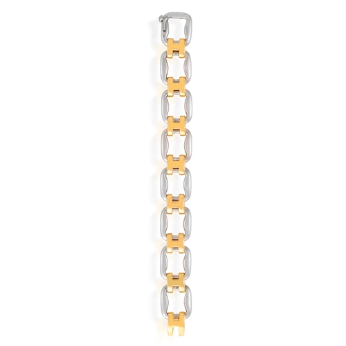 82 - A SILVER AND GOLD BRACELET, BY HERMÈS  Of openwork design, composed of polished silver links with po... 