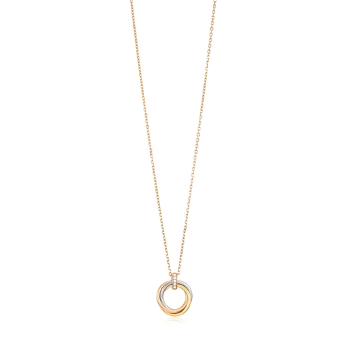 9 - A DIAMOND TRINITY PENDANT ON CHAIN, BY CARTIER  Composed of three interlocking tri-coloured gold hoo... 