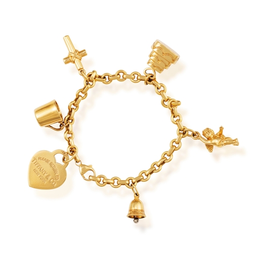 98 - A GOLD AND DIAMOND CHARM BRACELET, BY TIFFANY & CO.  The cable-link chain suspending six gold charms... 