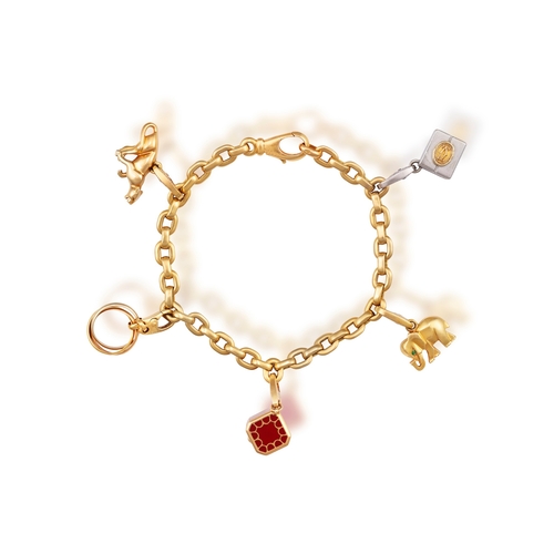 99 - A GOLD CHARM BRACELET, BY CARTIER  The belcher-link chain bracelet, suspending five detachable charm... 