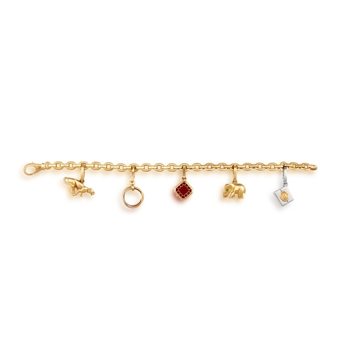 99 - A GOLD CHARM BRACELET, BY CARTIER  The belcher-link chain bracelet, suspending five detachable charm... 