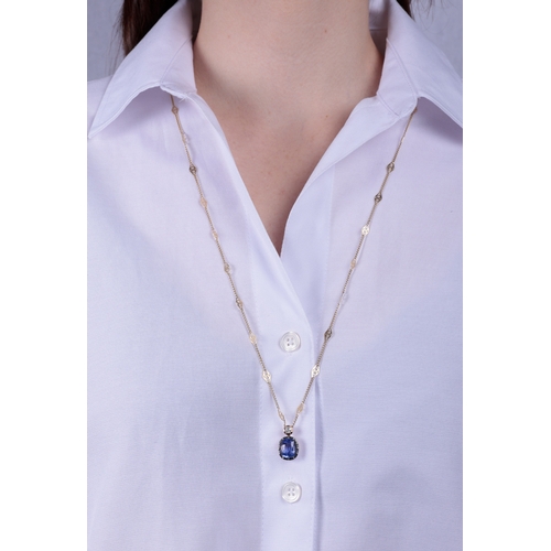 116 - A SAPPHIRE AND DIAMOND PENDANT ON CHAIN  The cushion-shaped sapphire weighing approximately 5.50cts ... 