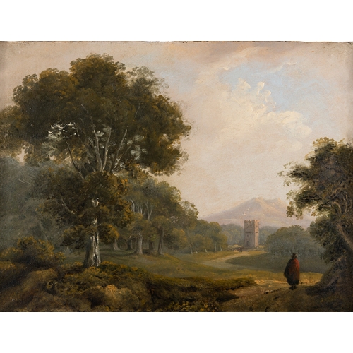 17 - James Arthur O'Connor (1792 - 1841)  Wooded Landscape with Figure in Red, Tower in the Distance  Oil... 