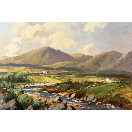 25 - George K Gillespie RUA (1924 - 1995) River, Mountain Landscape with Cottages  Oil on canvas, 49.5 x ... 