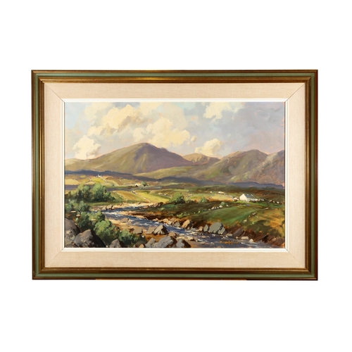 25 - George K Gillespie RUA (1924 - 1995) River, Mountain Landscape with Cottages  Oil on canvas, 49.5 x ... 