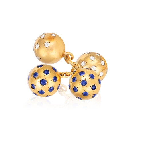 48 - A PAIR OF SAPPHIRE AND DIAMOND CUFFLINKS, BY VAN CLEEF & ARPELS, CIRCA 1960  Each composed of sphere... 