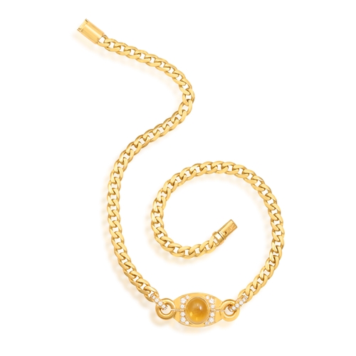 175 - A CITRINE AND DIAMOND NECKLACE, BY BULGARI, CIRCA 1980  The flattened curb-link chain, set to the fr... 