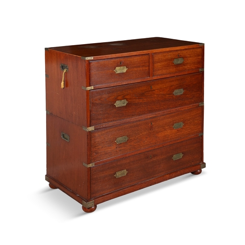 24 - A 19TH CENTURY MAHOGANY AND BRASS BOUND MILITARY CHEST,  in two rectangular sections, fitted with tw... 