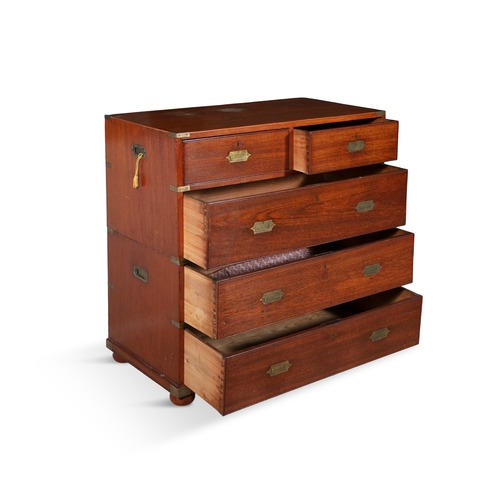 24 - A 19TH CENTURY MAHOGANY AND BRASS BOUND MILITARY CHEST,  in two rectangular sections, fitted with tw... 