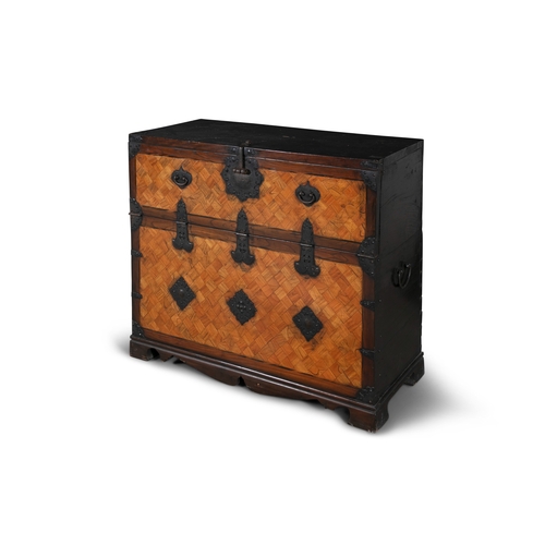 38 - A KOREAN EBONISED AND PARQUETRY INLAID STORAGE CHEST, 18TH CENTURY  of rectangular form with cast ir... 