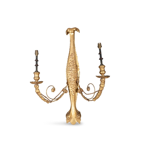 43 - A PAIR OF GILTWOOD TWO-BRANCH WALL SCONCES, 19TH CENTURY  converted to electricity, fitted with crea... 