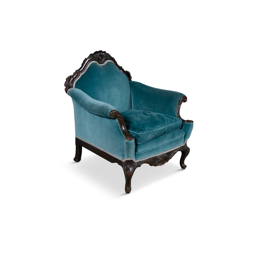 45 - A MAHOGANY FRAMED ARMCHAIR, EARLY 20TH CENTURY  the arched back centred with scallop shell, over out... 