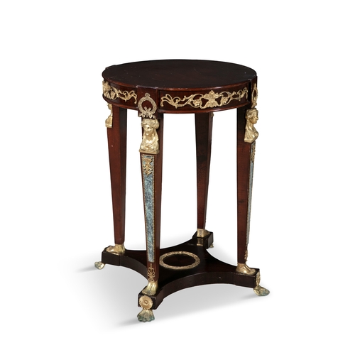 46 - AN EMPIRE STYLE CIRCULAR STAINED WOOD PIER TABLE,   raised on square column supports with brass sphi... 