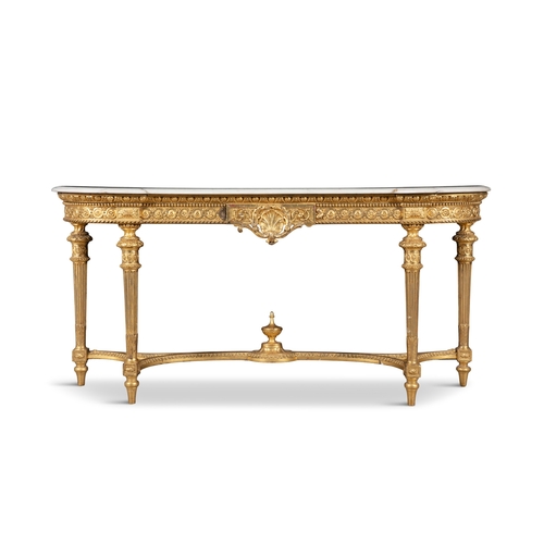 48 - A FRENCH GILTWOOD AND MARBLE TOP CONSOLE TABLE, 19TH CENTURY  of bowfront shape with shaped white ma... 