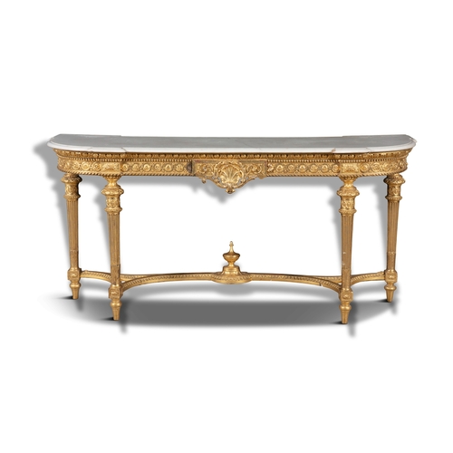 48 - A FRENCH GILTWOOD AND MARBLE TOP CONSOLE TABLE, 19TH CENTURY  of bowfront shape with shaped white ma... 