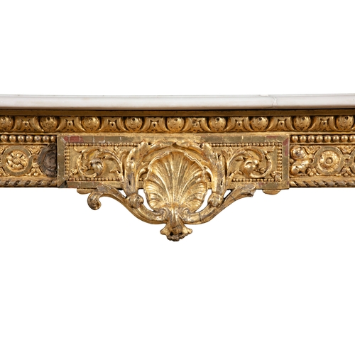 48 - A FRENCH GILTWOOD AND MARBLE TOP CONSOLE TABLE, 19TH CENTURY  of bowfront shape with shaped white ma... 