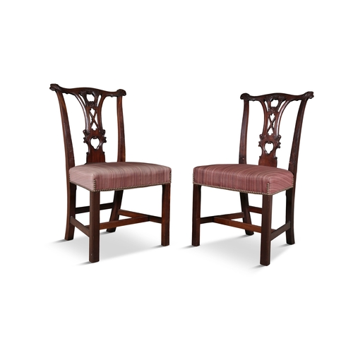 49 - A SET OF SIX 19TH CENTURY MAHOGANY FRAMED CHAIRS BY JAMES HICKS   each with pierced splats, striped ... 