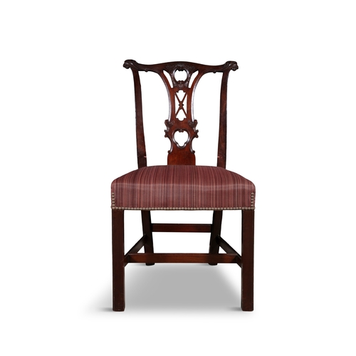 49 - A SET OF SIX 19TH CENTURY MAHOGANY FRAMED CHAIRS BY JAMES HICKS   each with pierced splats, striped ... 