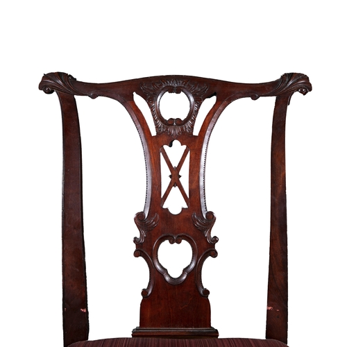 49 - A SET OF SIX 19TH CENTURY MAHOGANY FRAMED CHAIRS BY JAMES HICKS   each with pierced splats, striped ... 