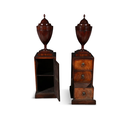 55 - A PAIR OF GEORGE III MAHOGANY DINING ROOM URNS ON PEDESTALS, c. 1800,   each with domed fluted cover... 