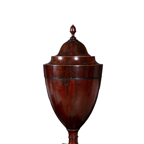 55 - A PAIR OF GEORGE III MAHOGANY DINING ROOM URNS ON PEDESTALS, c. 1800,   each with domed fluted cover... 