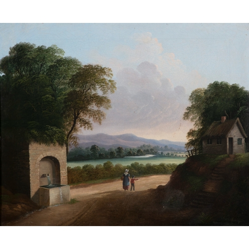 57 - ENGLISH SCHOOL 19TH CENTURY  Figures by a cottage with pastoral landscape beyond  Oil on canvas, 49 ... 