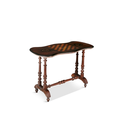 62 - A VICTORIAN WALNUT AND PARQUETRY GAMES TABLE  the shaped top centred with a chess board, on turned t... 