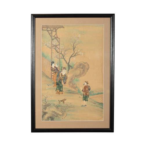 104 - TWO FRAMED INK AND COLOUR PAINTINGS  The painting depicts everyday rural life scenes, with mothers p... 