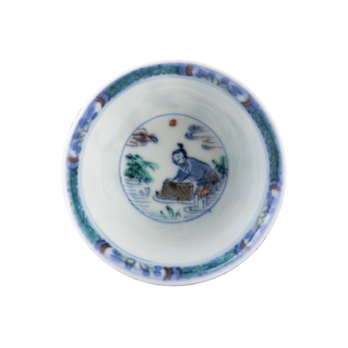 116 - A PAIR OF DOUCAI 'FISHERMAN' CUPS AND SAUCERS   18世纪 斗彩渔夫杯碟两套   China, 18th century   Decorated at t... 