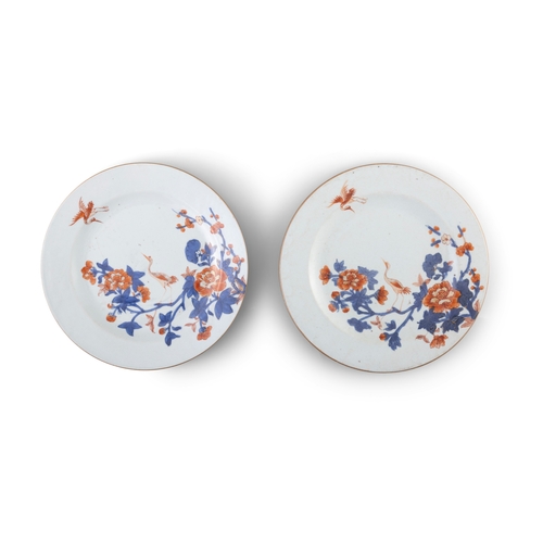 124A - A PAIR OF CHINESE IMARI DISHES WITH A COUPLE OF CRANE AND FLOWERS  China, 18th century  D.22.6, 22.c... 