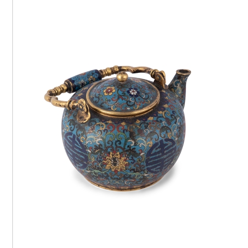 156 - A GILT AND ENAMEL CLOISONNE TEAPOT  晚清 藍地壽字蓮紋茶壺  China, late Qing dynasty  With apocryphal mark of Q... 