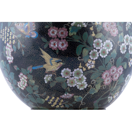 157 - A GILT COPPER ENAMEL CLOISONNE JAR, WITH FLOWERS AND BUTTERFLIES ON A BLACK GROUND  民國 黑地蝶戀花景泰藍缸  Ch... 